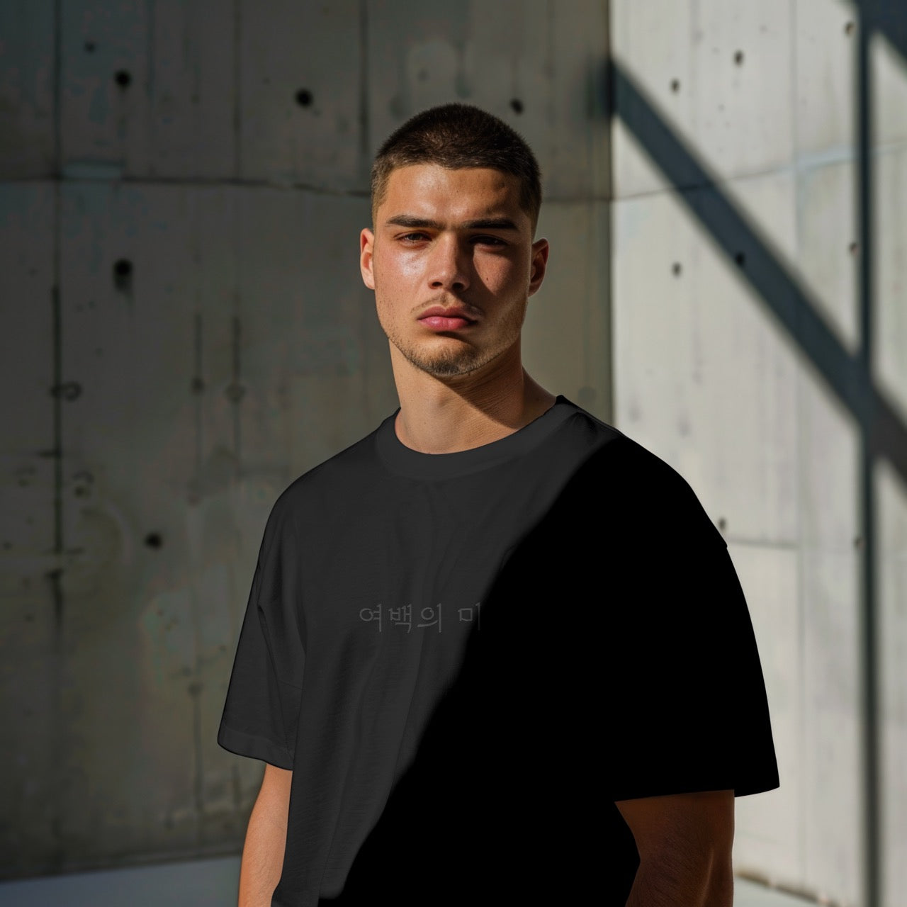 Model in harsh sunlight against a Brutalist concrete wall, wearing a Nuqta black heavyweight T-shirt with invisible black Korean typography.